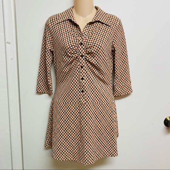 NWT Papaya orange‎ brown check Y2K collared mini dress large. - Picture 1 of 6